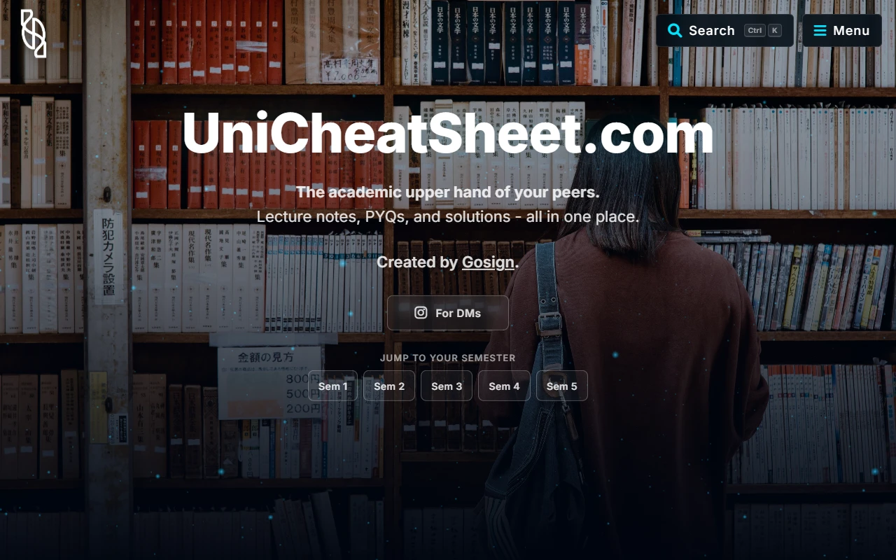 The UniCheatSheet homepage: lecture notes, PYQs and solutions, with buttons to jump to each semester.
